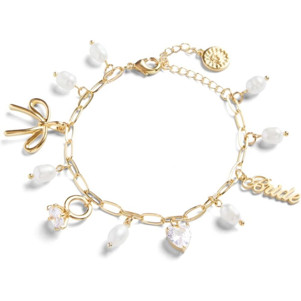 Gold Bridal Charm Bracelet Pearl Rhinestone Wedding Bachelorette Gift